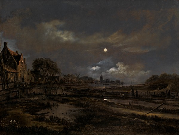 A moonlit river landscape with a village, a windmill and a church beyond