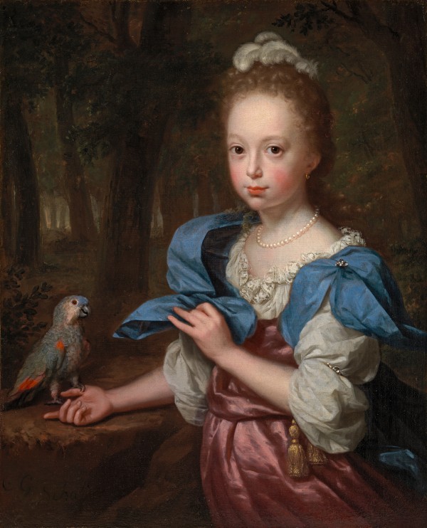 Portrait of a girl in a pink dress, with a parrot in a forest landscape