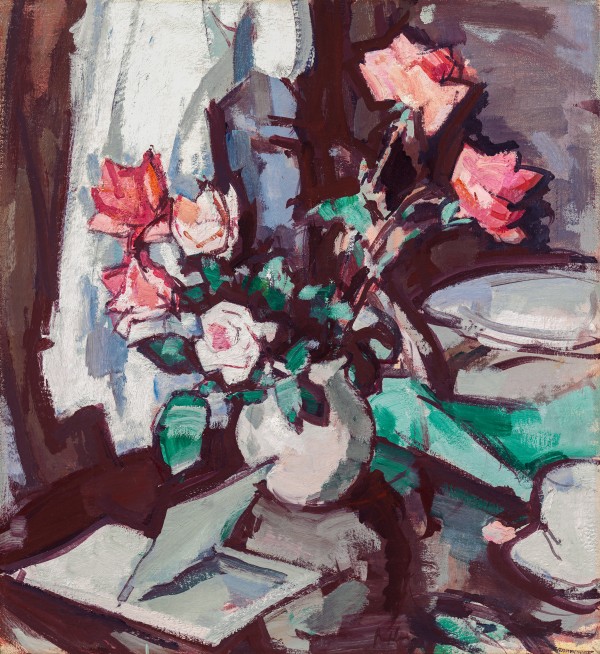 Still life with pink roses and an open book
