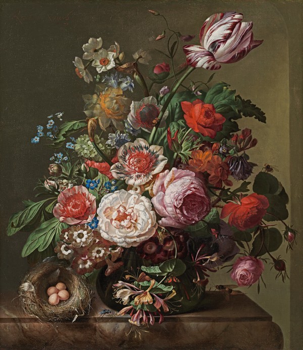 Still life of a bouquet of pink and white roses, poppy anemones, primroses, forget-me-nots, jonquils, daffodils, snowballs, honeysuckle and a tulip in a glass vase, with a bird's nest