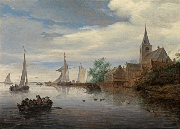 River landscape with sailing boats by a village