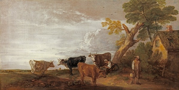 Open landscape with a peasant, a milkmaid, four cows and a cottage