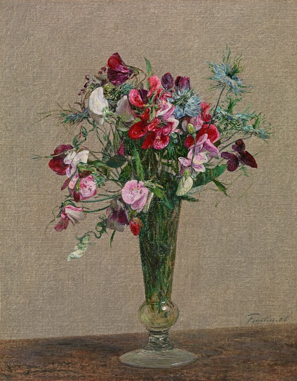 Fleurs, pois de senteurs et nigelles dans un petit vase