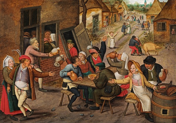 The Swan Inn; peasants feasting and merrymaking in a village street