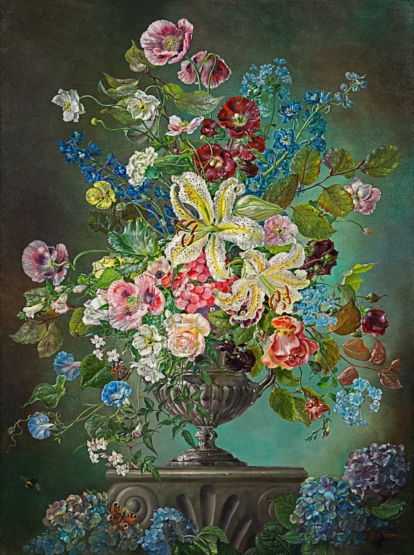 Silvery urn of mixed flowers