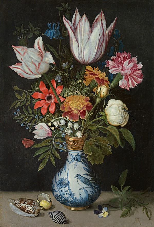 A still life of tulips, roses, lily-of-the-valley, forget-me-nots, cyclamen and other flowers in a gilt-mounted Wanli vase, with shells and a pansy on a ledge