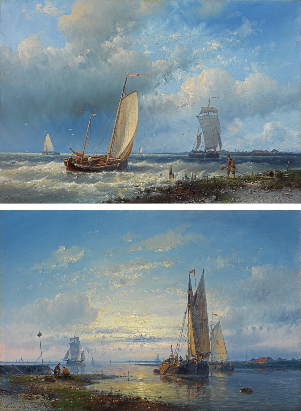 Fishing boats on a breezy day; Fishing boats in a calm at sunrise