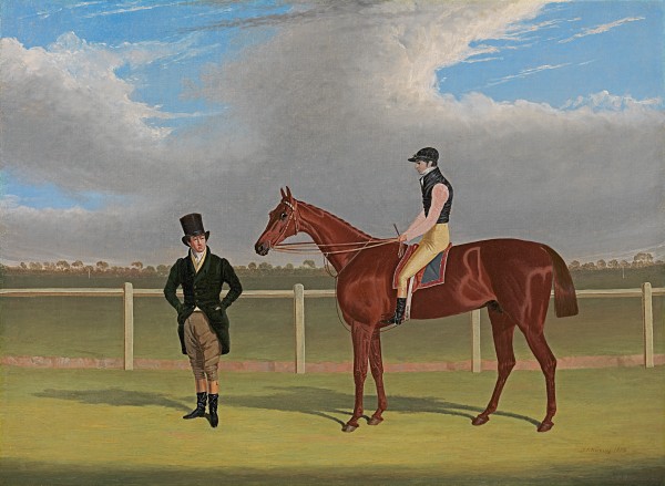 The Hon. Edward Petre's chestnut colt Rowton, winner of the 1829 Doncaster St Leger, with William Scott up and a trainer