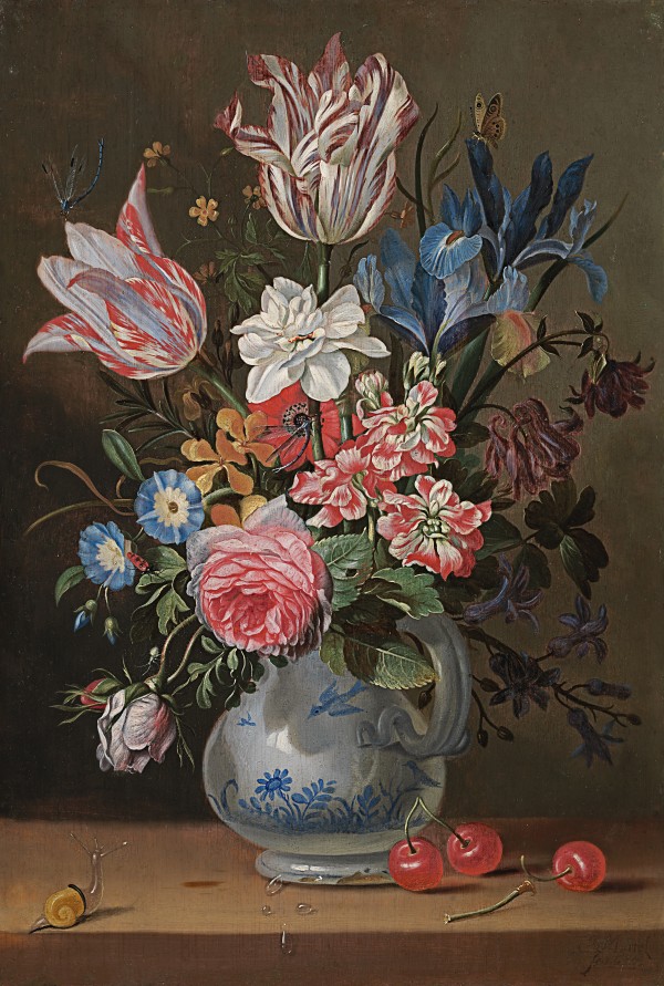 Still life of tulips,roses, irises, a narcissus, stocks and other flowers in a blue and white vase, with cherries and a snail on a ledge