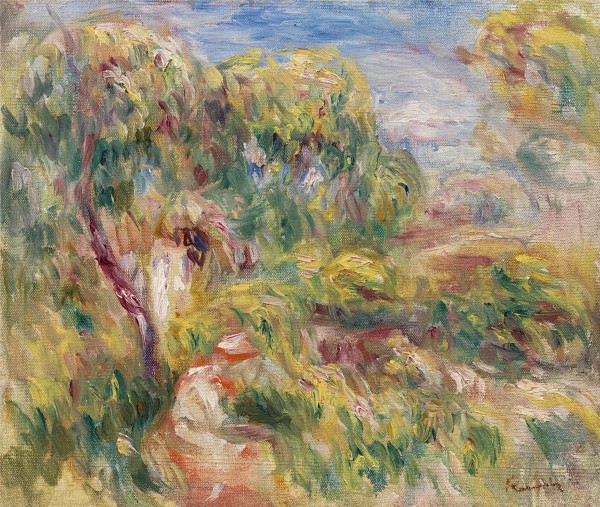 Esquisse de paysage, femme en rouge assise