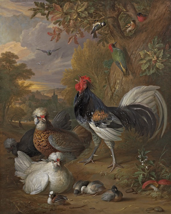 A cockerel, Polish hens and chicks, a green woodpecker, a blue tit, a chaffinch and a bullfinch in a hilly landscape with a church