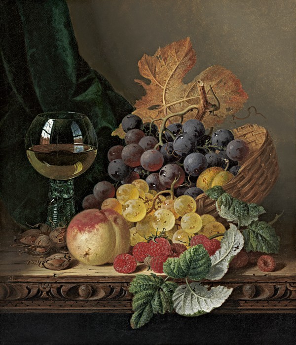 Still life with grapes, peach, wine glass, raspberries and a leaf