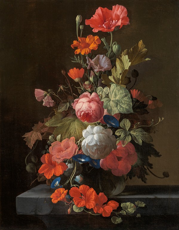Still life of roses, poppies, morning glories, nasturtiums and other flowers with ants in a glass vase