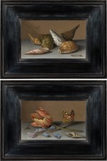 Balthasar van der Ast - A still life of shells, with a wasp and a caterpillar on a stone ledge; A still life of a tulip, bluebells and a shell on a stone ledge with a fly and a Painted Lady butterfly (Vanessa cardui)