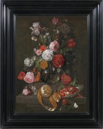 Cornelis de Heem - Still life of roses, poppies, an iris and other flowers in a glass vase on a stone shelf, with a peeled orange and strawberries in Wanli dish