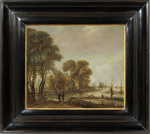 Aert van der Neer - A river landscape with figures and a cottage among trees on the bank of a stream