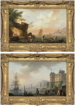 CHARLES-FRANÇOIS GRENIER DE LACROIX called LACROIX DE MARSEILLE - Sunrise: Levantine merchants on a quay below a castle, a Dutch man-of-war at anchor beyond Sunset: fishermen preparing their nets, a port and a Dutch man-of-war beyond