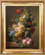 Jan Frans van Dael - Still life of poppies, a tulip, hollyhocks, roses, peonies, auriculas and other flowers in a terracotta vase on a stone ledge