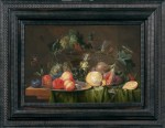 Jan Davidsz de Heem - Still life with apricots on a pewter plate, a cut lemon and other fruit, with a rummer of white wine and a Venetian-style wine glass on a table covered with a green cloth, wreathed with a vine branch