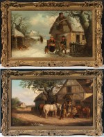 Thomas Smythe - Horses and ponies outside an inn, with travellers resting; A winter scene with a woodcutter outside a cottage