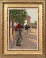 Jean Beraud - Jeune femme à l'ombrelle rouge devant l'Arc de Triomphe