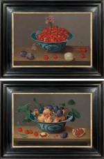 Jacob van Hulsdonck - Still life of strawberries and a carnation in a Wanli porcelain bowl, with plums, cherries, an apricot and a Painted Lady butterfly (Vanessa cardui) on a wooden table