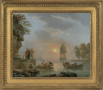 Claude Joseph Vernet - A Mediterranean port at sunset with fishermen landing their catch and a British man-of-war at anchor