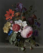 Jacob van Walscapelle - A peony, an iris, a poppy, anemones, morning glory and other flowers, in a glass vase, with a caterpillar, a beetle and other insects, on a stone ledge