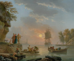 Claude Joseph Vernet - A Mediterranean port at sunset with fishermen landing their catch and a British man-of-war at anchor