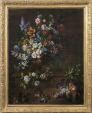 Jean Baptiste Monnoyer - Flowers in a gilt urn with fruit on a ledge
