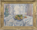 Lucien Pissarro - Apples on a tablecloth against a lace-curtained window