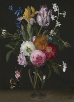Daniel Seghers - Still life of roses, irises, hyacinths, jasmine and a carnation in a glass vase, with a Red Admiral butterfly (Vanessa atalanta)