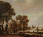 Aert van der Neer - A river landscape with figures and a cottage among trees on the bank of a stream