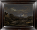 Aert van der Neer - A moonlit river landscape with a village, a windmill and a church beyond