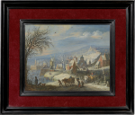 Josef van Bredael - A winter landscape with a cart and a waggon, a hunter and his dogs and figures skating below a town
