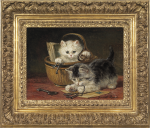 Henriette Ronner-Knip - Two kittens playing with keys by a wicker basket