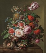 Rachel Ruysch - Still life of a bouquet of pink and white roses, poppy anemones, primroses, forget-me-nots, jonquils, daffodils, snowballs, honeysuckle and a tulip in a glass vase, with a bird's nest