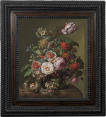 Rachel Ruysch - Still life of a bouquet of pink and white roses, poppy anemones, primroses, forget-me-nots, jonquils, daffodils, snowballs, honeysuckle and a tulip in a glass vase, with a bird's nest