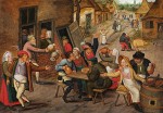 Pieter Brueghel The Younger - The Swan Inn; Peasants feasting and merrymaking in a village street