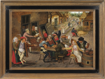 Pieter Brueghel The Younger - The Swan Inn; peasants feasting and merrymaking in a village street