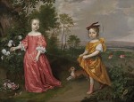 Jan Mytens - Portrait of two children in a landscape, with their dog by their side