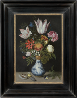 Ambrosius Bosschaert the Elder - A still life of tulips, roses, lily-of-the-valley, forget-me-nots, cyclamen and other flowers in a gilt-mounted Wanli vase, with shells and a pansy on a ledge