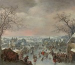 Jan Griffier - A winter landscape with figures skating and merrymaking by a tavern