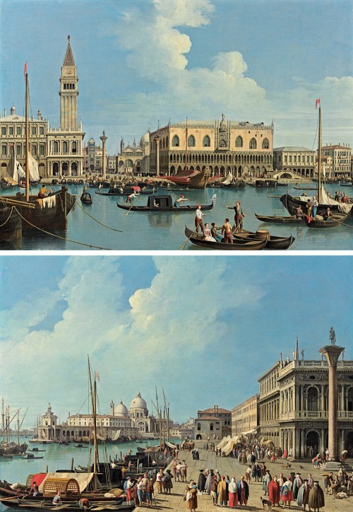 Giovanni Battista Cimaroli - Venice: view of the Molo with the Piazzetta, the Palazzo Ducale, the Zecca and the Libreria Sansoviniana; Venice: view from the Molo look towards the Dogana and Santa Maria della Salute