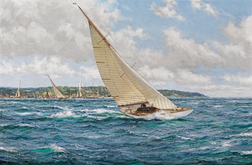 Montague Dawson - Reef down - 6 metre yachts off the Isle of Wight