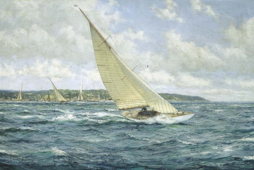 Montague Dawson - Reef down - 6 metre yachts off the Isle of Wight