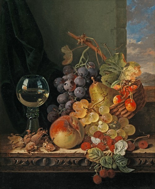 Edward Ladell - Still life with a basket of fruit, a wine glass and a landscape beyond