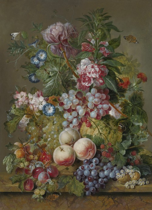 Jacobus Linthorst - A still life of fruit and flowers
