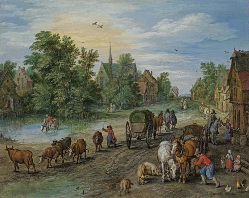 Jan Brueghel The Elder - A village street with travellers