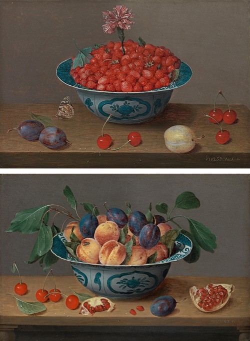 Jacob van Hulsdonck - Still life of strawberries and a carnation in a Wanli porcelain bowl, with plums, cherries, an apricot and a Painted Lady butterfly (Vanessa cardui) on a wooden table